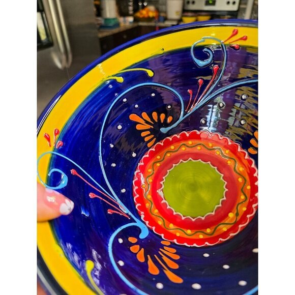 Hand-Painted Ceramic Bowl From Spain With Vibrant Blue Orange & Yellow Patterns - Picture 4 of 14